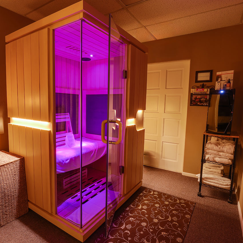 Full spectrum infrared sauna at Natural Balance Massage Therapy & Wellness Center in Palm Harbor, Florida.